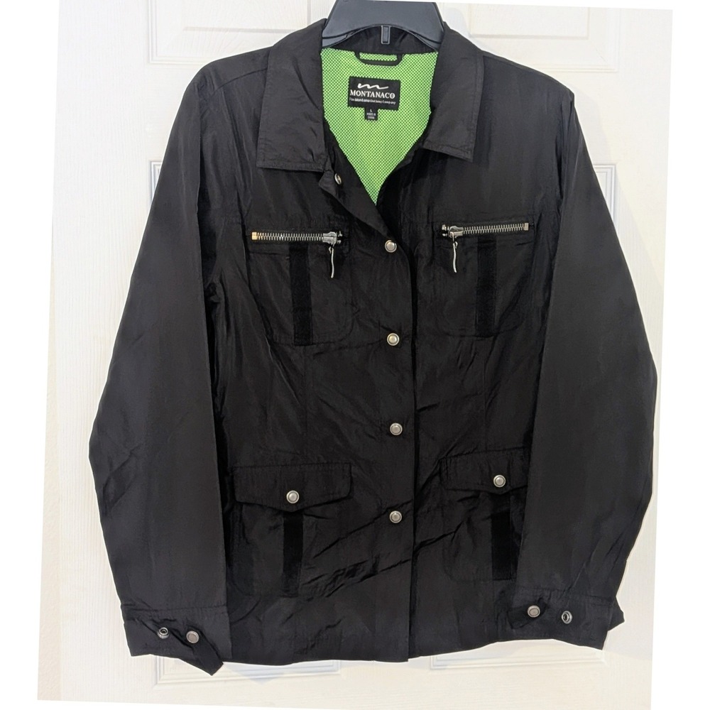 Montanaco Women Black Utility Jacket Lime Green Mesh Lining Snap‎ Size L NEW